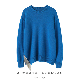 闪闪的很美！！下摆侧开叉水钻流苏羊绒衫女加厚圆领纯羊绒毛衣冬