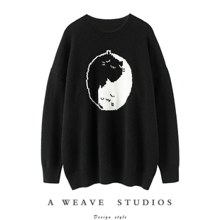 女中长款 我 黑白猫咪加厚羊绒衫 太喜欢了 纯山羊绒毛衣宽松 天