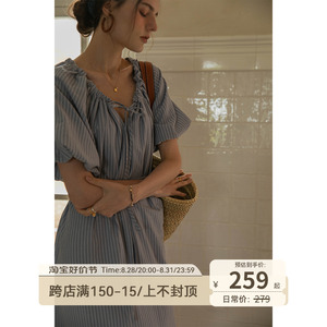 Dailyart 法式泡泡袖V领连衣裙女夏系带粉色条纹蓝色宽松显瘦裙子