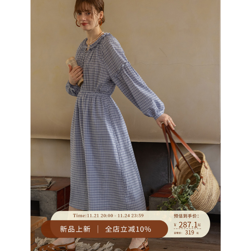 Dailyart法式复古木耳边格子裙女秋季气质长袖初恋桔梗法式连衣裙