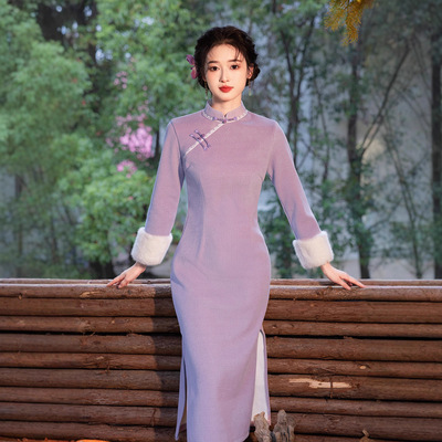 紫色绝美新中式旗袍少女年轻款2025冬装加绒国风改良显瘦复古