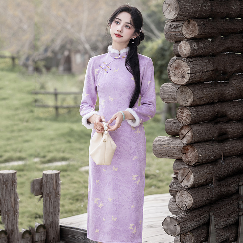 紫色改良旗袍国风新中式旗袍