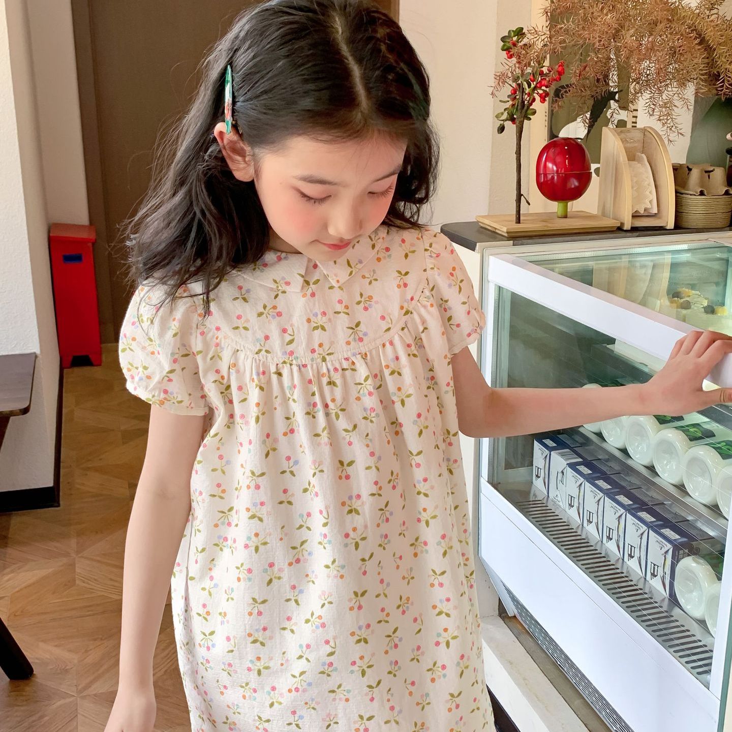小乐趣丨25夏季新款女童樱桃娃娃裙 儿童碎花短袖娃娃领连衣裙