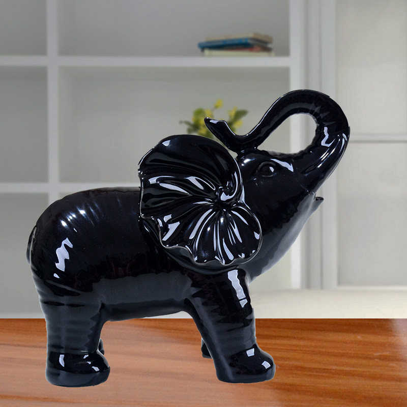 黑色陶瓷大象摆件一只吸水象招财风水象伟锋陶瓷商行店铺开业礼品