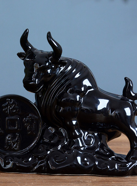 陶瓷黑色招财进宝牛摆件吉祥物缺角补角招财生肖器客厅装饰工艺品
