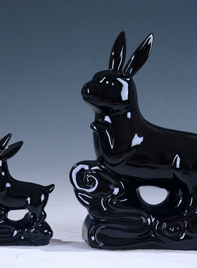 小黑色陶瓷十二生肖招财兔子风水摆件送福送财玉兔客厅装饰品礼品