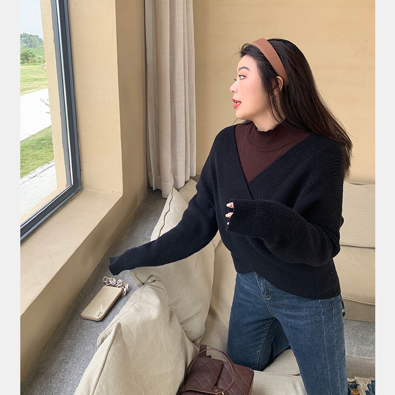 大码女装v领毛衣女新款针织衫厚