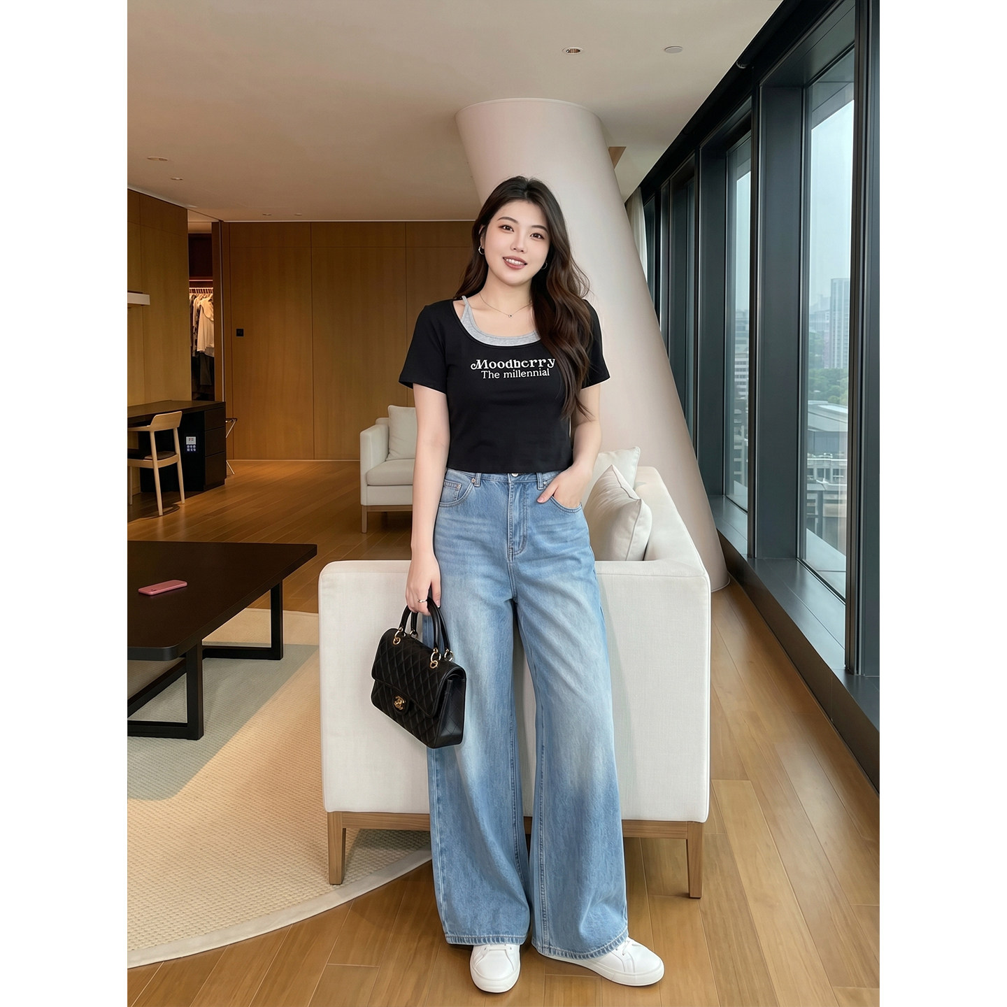 大码水洗牛仔阔腿裤女显瘦百搭