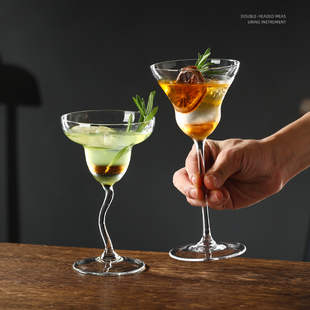 小众ins水晶弯脚高脚杯玛格丽特酒杯香槟杯鸡尾酒杯创意气泡杯子