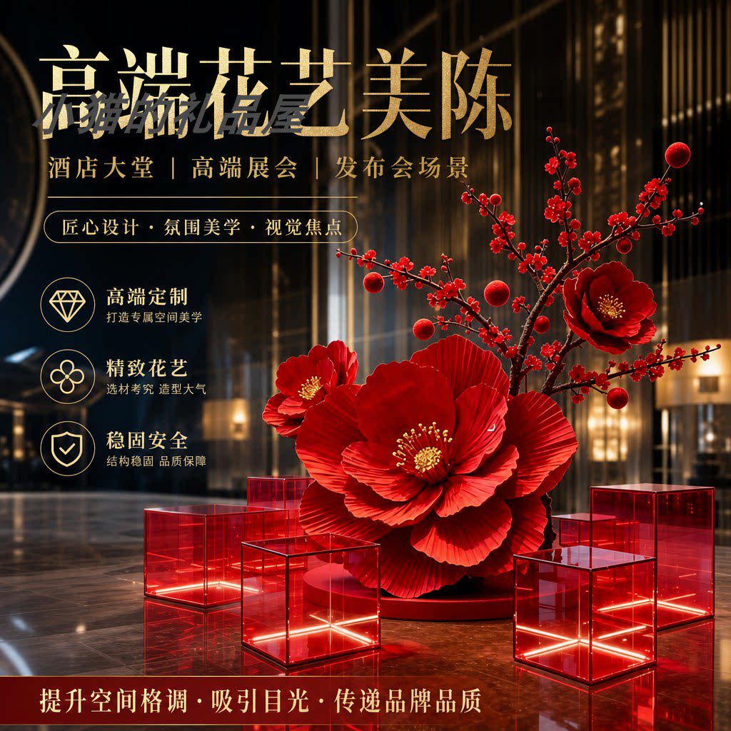 新年商业空间美陈大型仿真花艺红色花树珠宝店商场国庆新年装饰