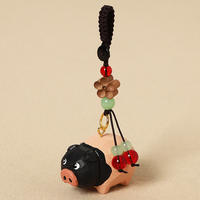 Handcrafted wood-carved two-headed black pig car keychain pendant, Zhu Yu style decorative item, cute bag pendant gift thumbnail 2