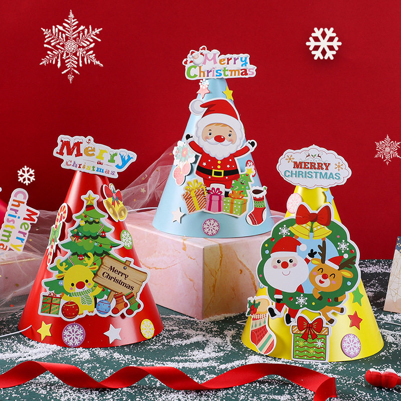 DIY手工圣诞帽幼儿园手工材料包圣诞节礼卡通圣诞帽派对道具纸帽