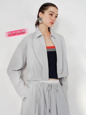 YT&UR2025秋季新款女装复古简约休闲条纹拉链宽松短外套UWH150060