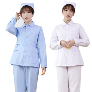 护士服分体套装长袖女冬装圆领两件套蓝色短袖口腔牙科月嫂工作服