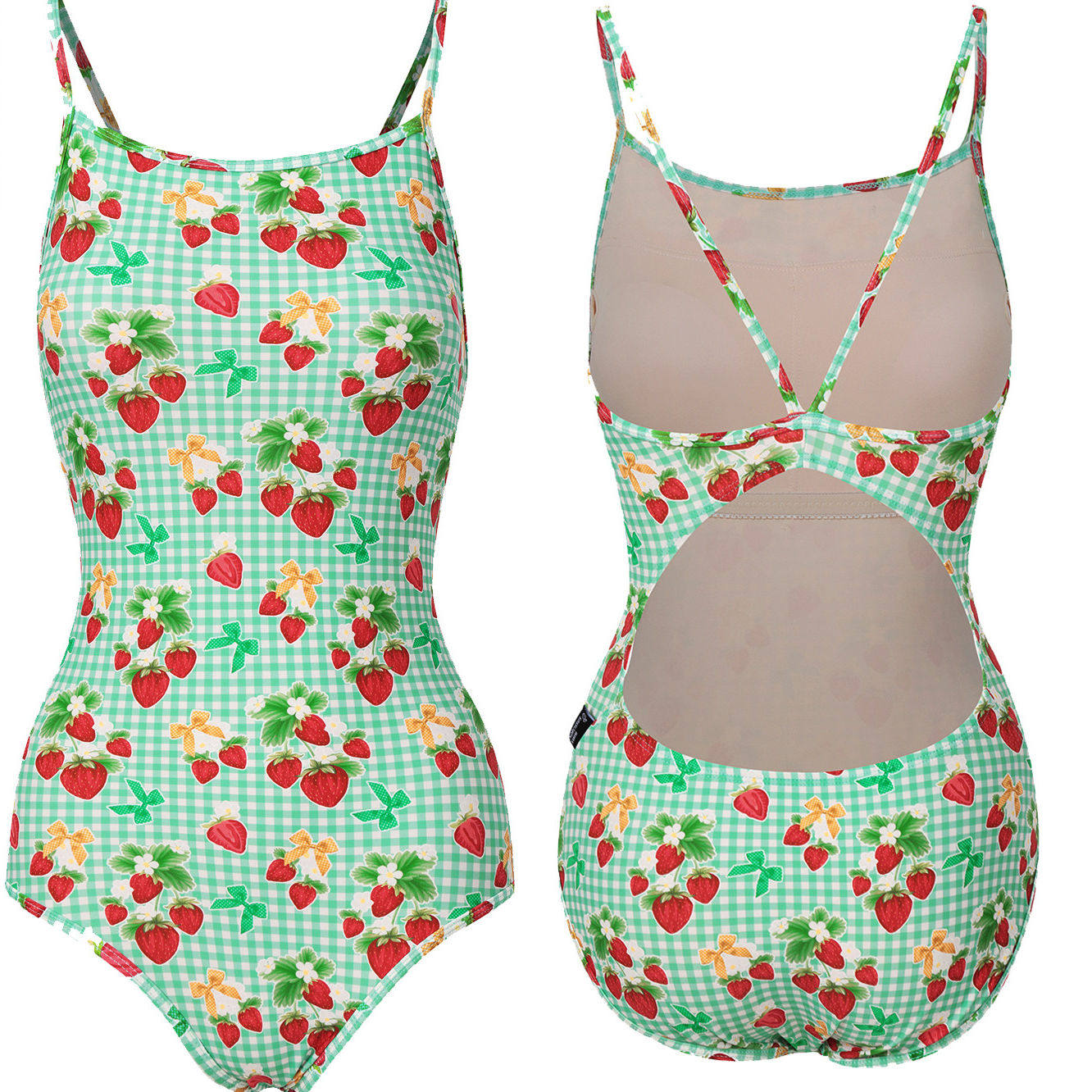 原创草莓泳衣清新新款连体竞速单层三角游泳衣运动游泳馆莱卡无垫