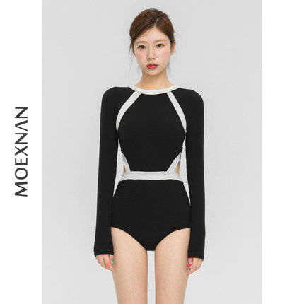 新款黑色性感长袖连体泳衣女小胸遮肚显瘦保守遮肉学生泡温泉泳装