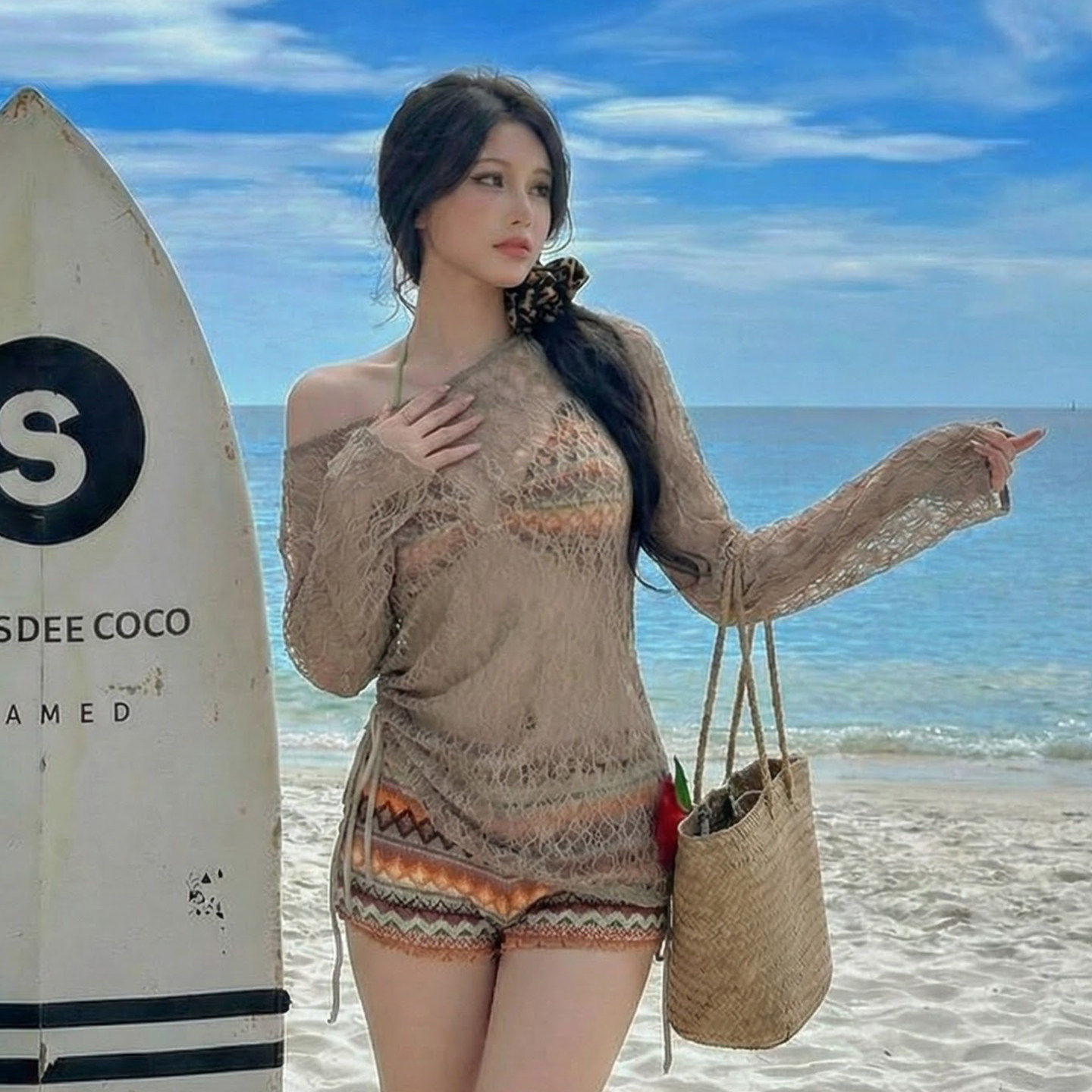 微胖辣妹风网纱印花比基尼女长袖三件套显瘦海边度假大码温泉泳衣