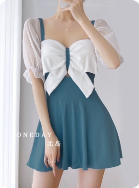 oneday泳衣女温泉2021新款保守韩国ins连体裙式高腰显瘦吊带泳装