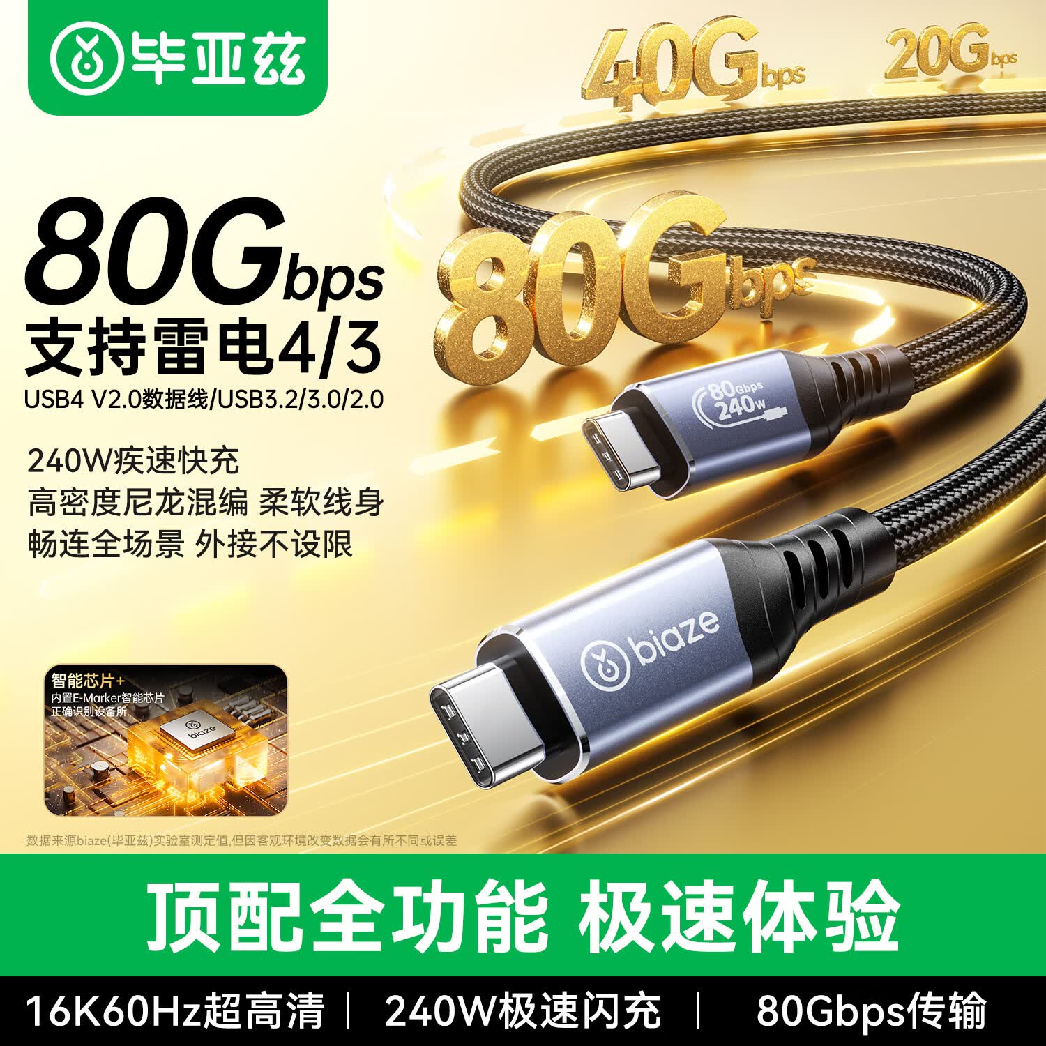 毕亚兹240W快充数据线USB4编织线80Gbps高速传输线图片