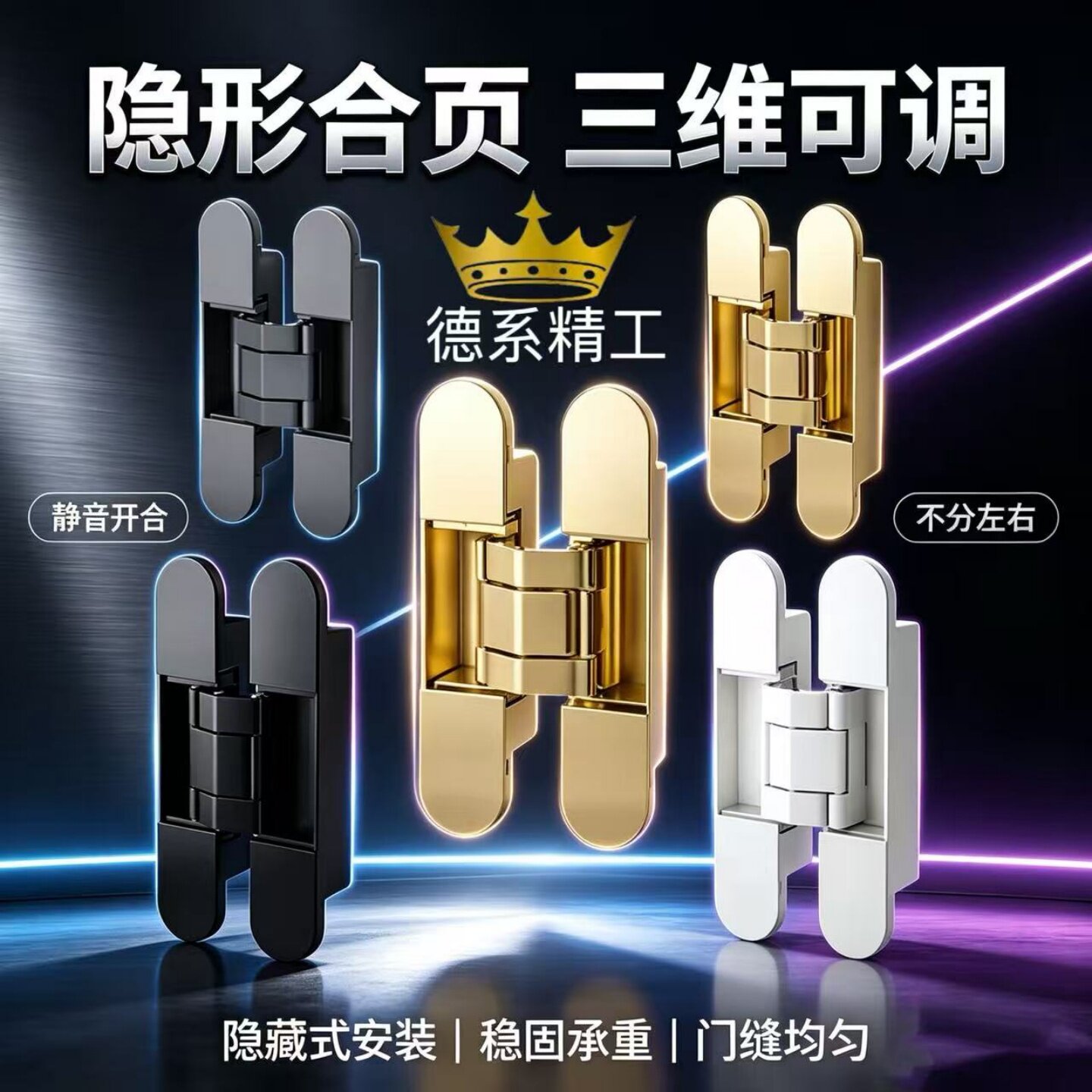 德国皇冠隐形合页三维可调暗门铰链静音开合隐藏式安装五金配件