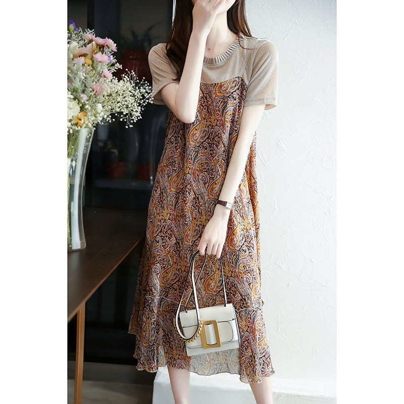 FRENCH HIGH-END CHIFFON FLORAL DRESS SUMMER ELEGANT TEMPERAMENT STITCHING FAKE TWO-PIECE MIDI SKIRT MERMAID SKIRT WOMEN