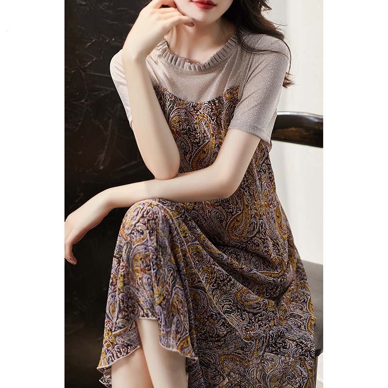 FRENCH HIGH-END CHIFFON FLORAL DRESS SUMMER ELEGANT TEMPERAMENT STITCHING FAKE TWO-PIECE MIDI SKIRT MERMAID SKIRT WOMEN