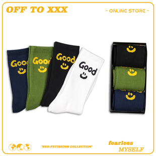 三双盒装 潮牌笑脸袜子欧美街头潮流运动中筒袜男女纯棉 Drew美式
