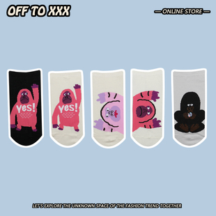 薄款 潮牌卡通大猩猩短袜男女夏季 网红潮流小怪兽透气吸汗全棉船袜