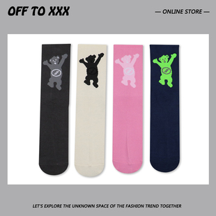 韩国潮牌WE11小熊袜子 跳舞欢呼卡通熊ins网红运动中筒袜棉男女