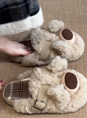 小熊棉拖鞋男女秋冬季可爱卡通休闲毛绒保暖居家可外穿毛毛鞋情侣