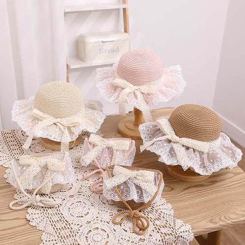 New children's straw hat girls' summer big brim lace edge