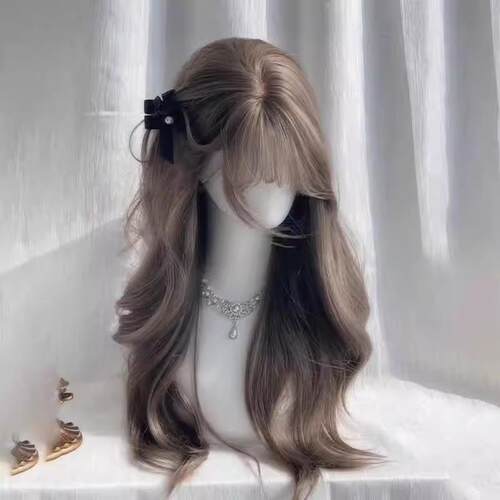 Wig Women's Hazelnut Grey Brown Long Curly Hair Air Bangs