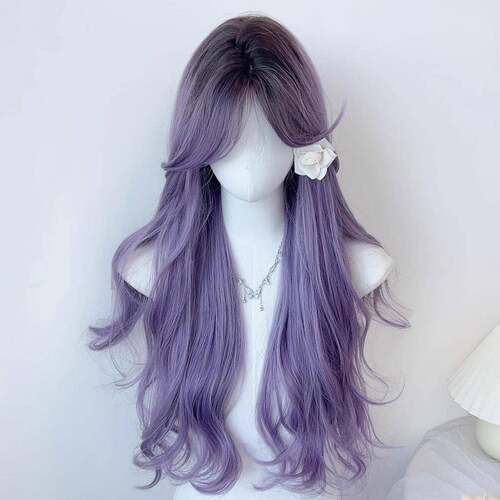 Women's Wig Gradient Grey Purple Long Curly Top Dye Big