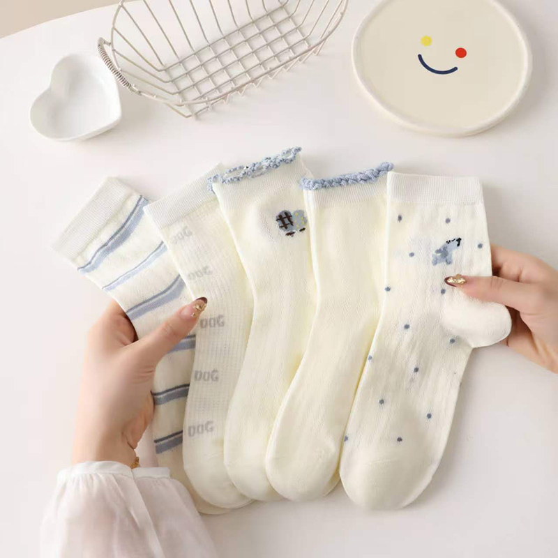 2026春夏新品女士薄款网眼透气中筒袜韩版学院风卡通可爱袜子纯棉