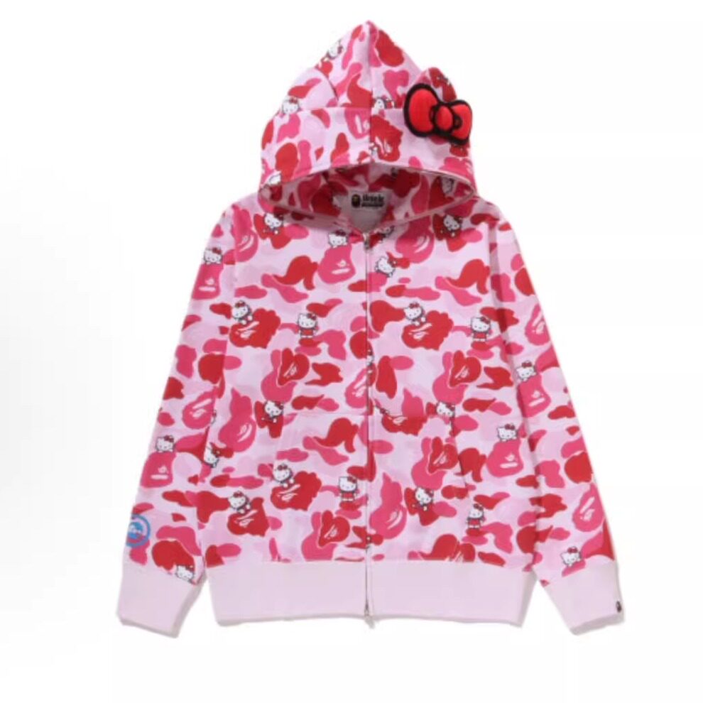 潮牌宽松外贸猫猫满印卫衣春秋纯棉开衫拉链迷彩外套情侣