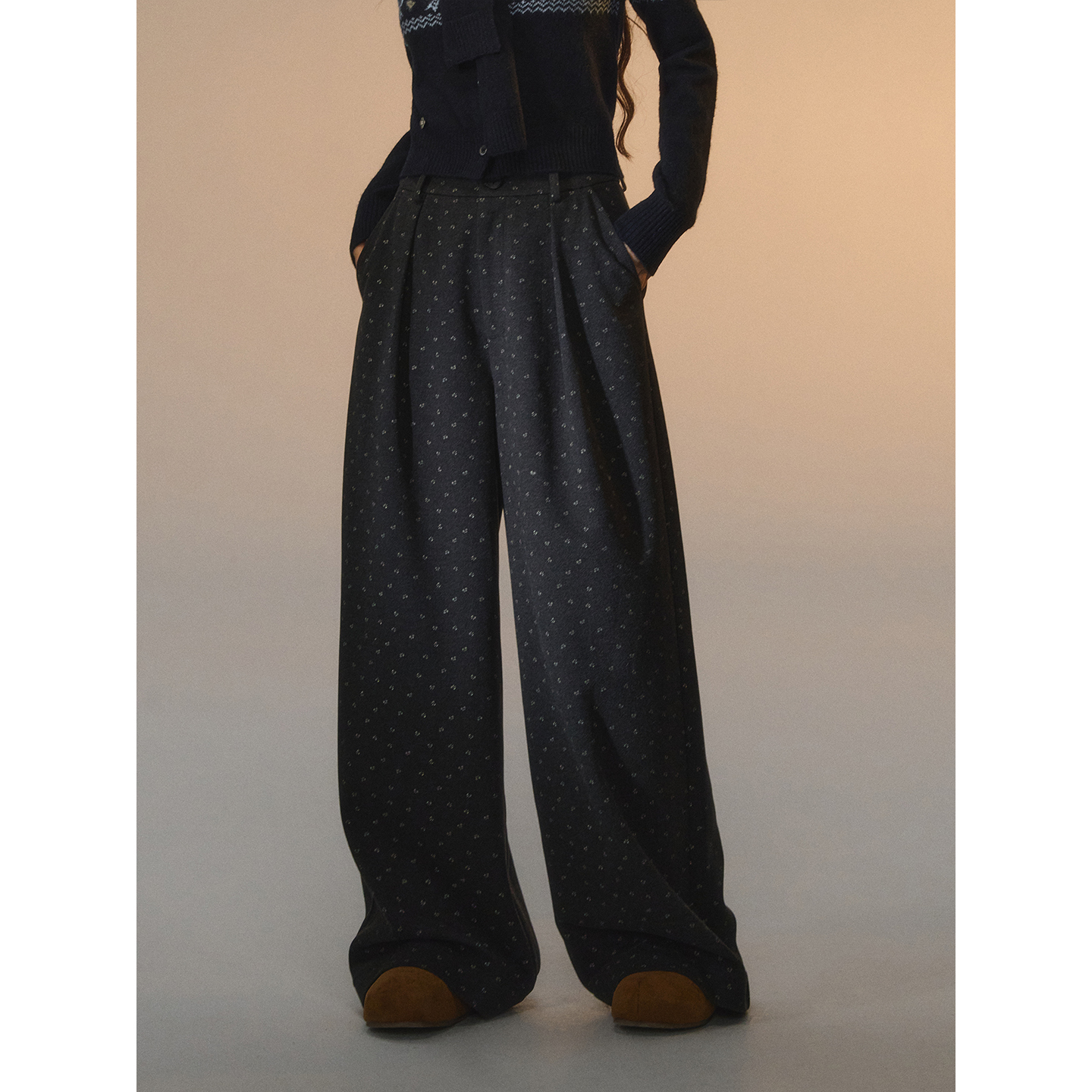 SOMESOWE 印花蝴蝶结毛呢西裤