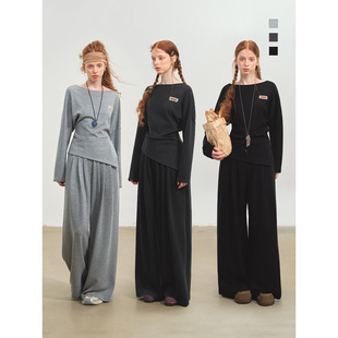 SOMESOWE 一字肩不规则上衣/高腰堆褶阔腿长裤