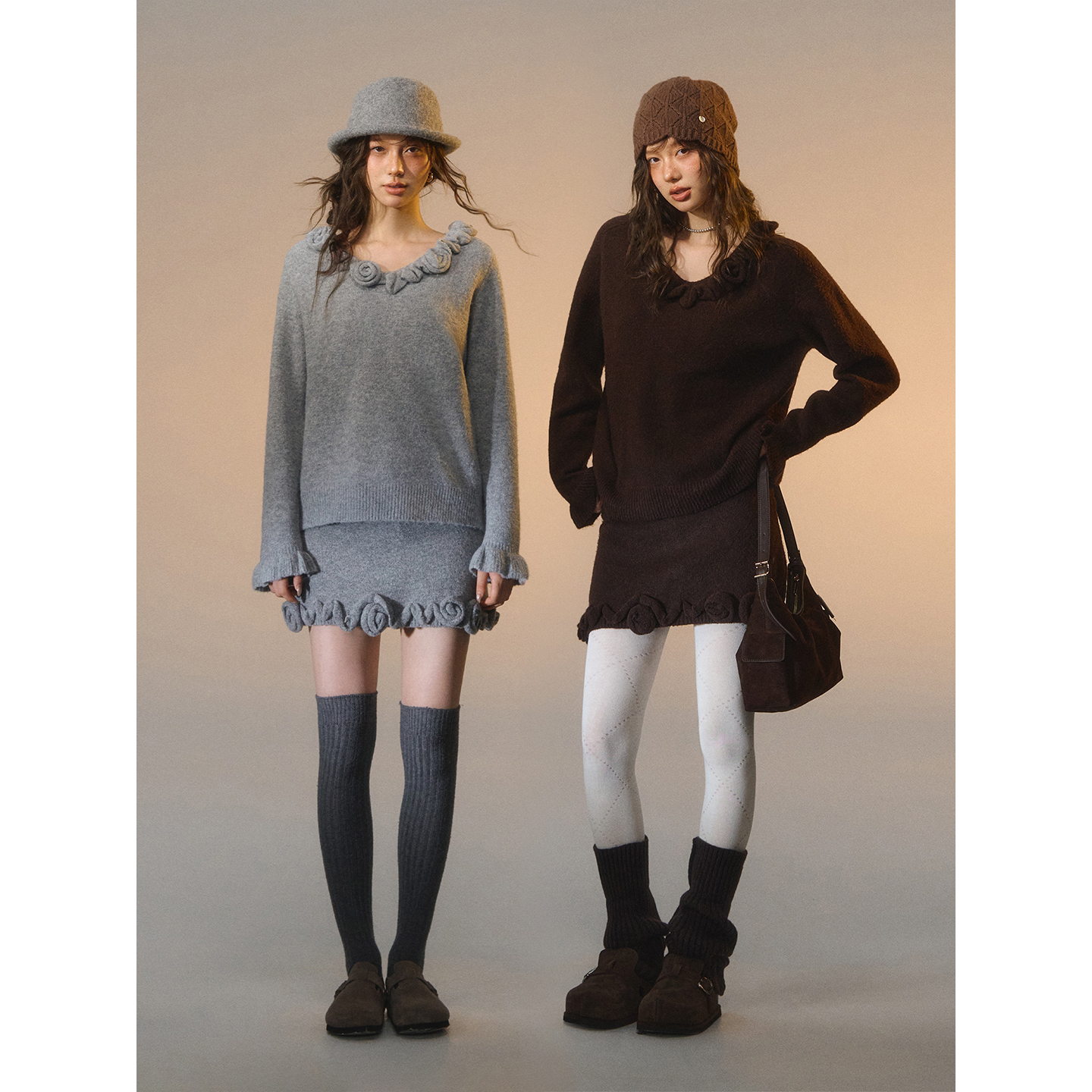 SOMESOWE 立体玫瑰V领长袖毛衣/A字针织半裙