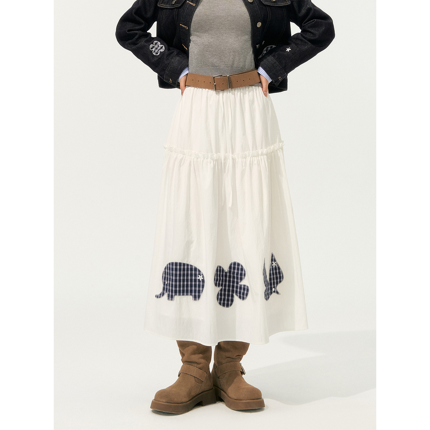 SOMESOWE童趣格子贴布半身裙