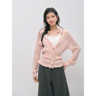 SOMESOWE 大V领木耳花边显白淡粉色微透收腰针织开衫