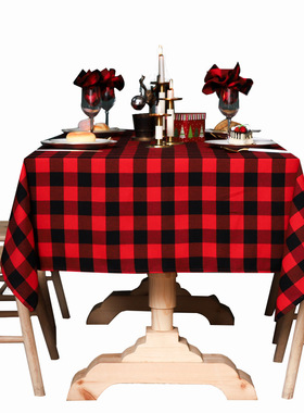 Red black white square grid Christmas table tablecloth台布