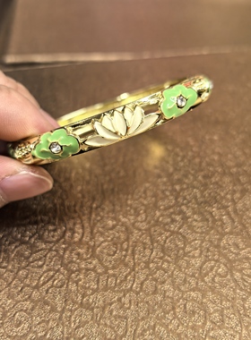 景泰蓝镶锆石国风荷花荷叶开口弹簧卡扣手镯闺蜜生日汉服手腕配饰