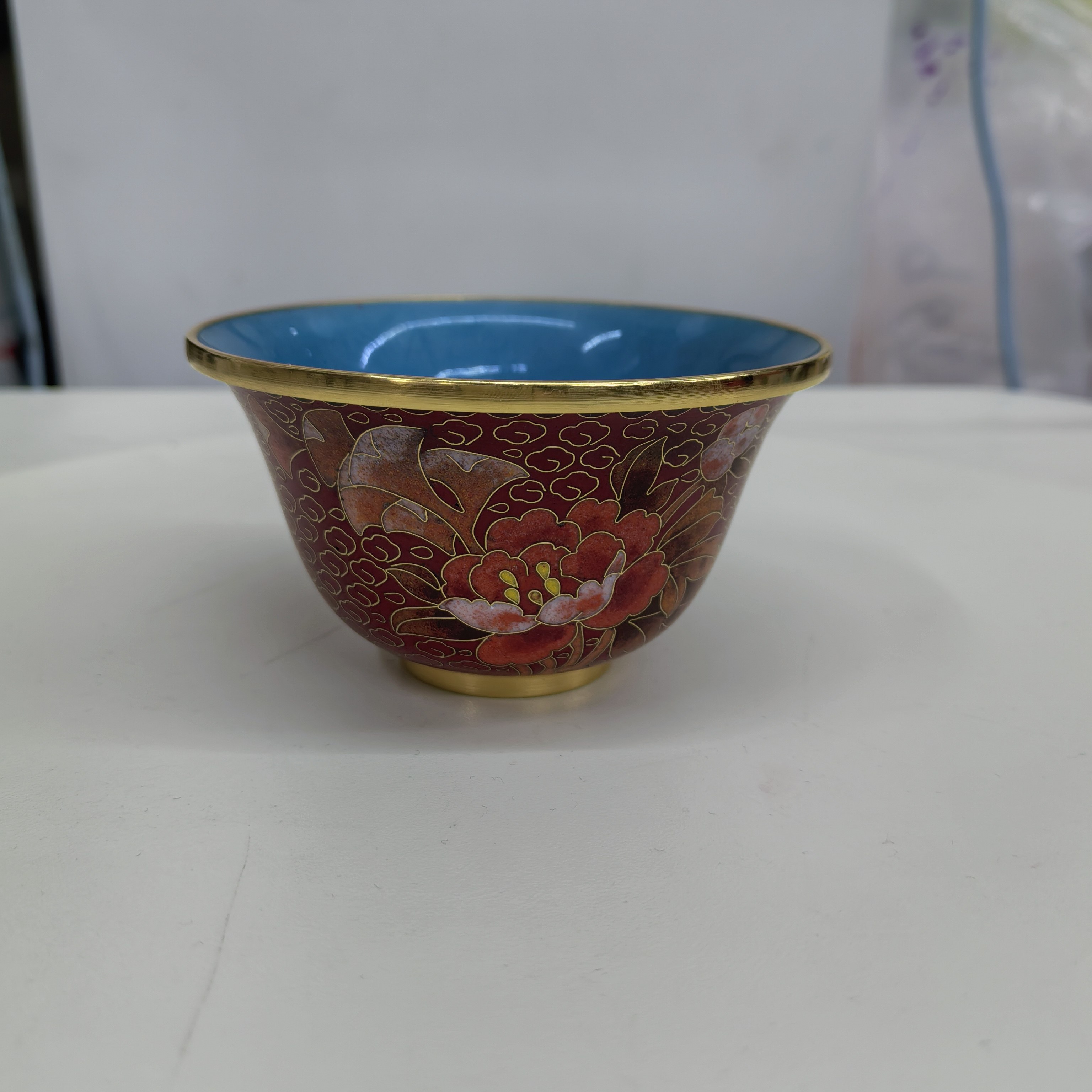 北京宫廷风景泰蓝掐丝珐琅彩4寸实地铜胎花碗家居展示架陈列摆件