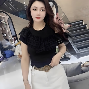 蕾丝荷叶边不规则露肩修身 T恤 欧货洋气显瘦上衣女人味时尚 短袖