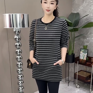 圆领T侧开叉设计感中长款 气质条纹t恤女洋气休闲韩版 新款 2025秋季