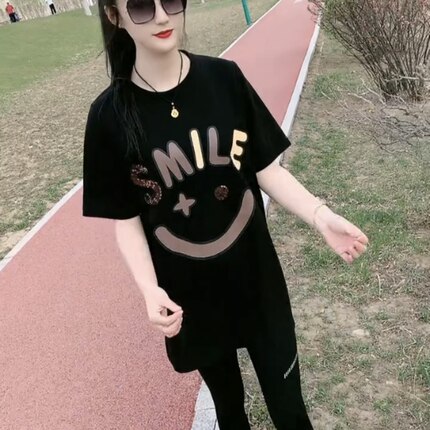 夏季薄款休闲风气质笑脸刺绣中长款宽松显瘦T恤遮屁股短袖上衣女