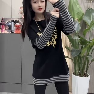 新款 卫衣2025秋季 遮屁股假两件长袖 休闲风撞色设计正肩显瘦中长款