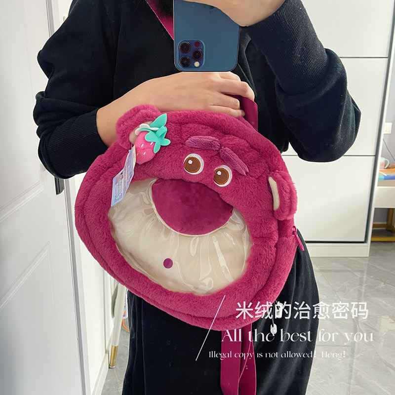 正版授权玩具总动员LOTSO草莓熊毛绒双肩包透明痛包晒娃包背包图片