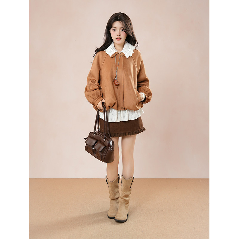复古美拉德棕色系翻领短款夹克秋季新款小个子高级感气质花苞外套