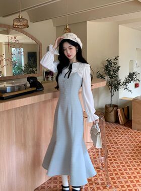 气质小香风衬衫吊带连衣裙女秋冬新款气质奶蓝色包臀裙显瘦两件套
